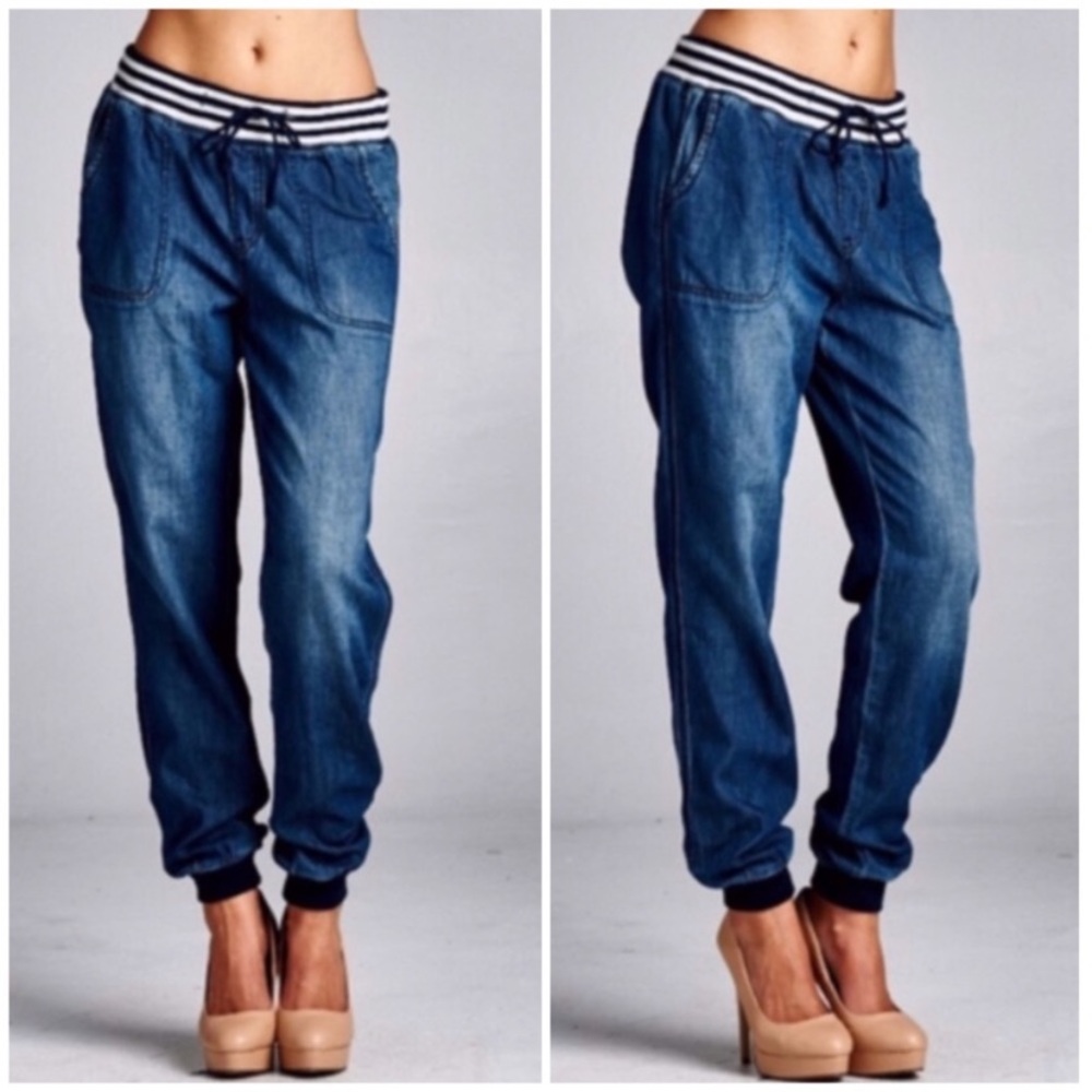 Dark Denim Elastic Waist Jogger Casual Pants